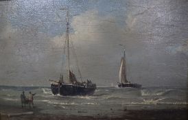 Peter P Schidges (1826-1876) oil on wooden panel, Sail barges off the coast, signed, 12 x 19cm