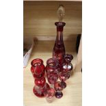 A group of Bohemian engraved ruby glass, tallest 42cm