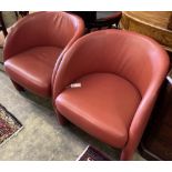 A pair of Italian design red leather tub chairs, c. 1980, width 60cm