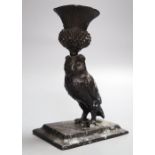 A bronze owl candlestick, signed Barries, height 14cm