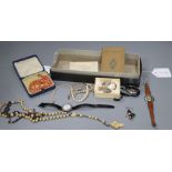 A collection of costume jewellery and miscellaneous items, comprising two rosaries, a paste-set '