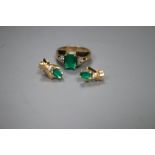 A modern suite of 14k yellow metal, synthetic emerald? and diamond set jewellery, comprising a