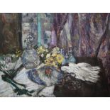 Mosbjerb, oil on canvas, Tabletop still life with opera glasses, gloves and fan, signed, 45 x 60cm