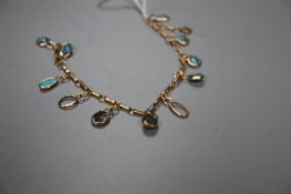 An early 20th century yellow metal and turquoise set bracelet(a.f.), overall length 20.5cm, gross