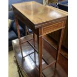 An Edwardian satinwood banded mahogany folding card table, width 53cm, depth 26cm, height 65cm