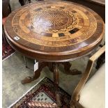 A Victorian circular specimen wood tilt top tea table, 72cm diameter, height 72cm