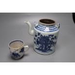 A 19th century Chinese blue and white teapot and a blue and white cup, height 14cm