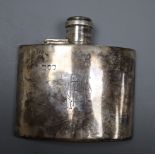 A late Victorian curved silver hip flask, marks rubbed, London, 1895?, 9.8cm, gross 4 oz, (old