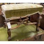 A walnut and oak stool, 17th century and later, width 56cm, depth 40cm, height 41cm