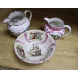 A Sunderland pink lustre ewer and basin, diameter 29cm and another similar jug