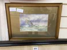 W E Earp, watercolour, 'Ship on squally seas'