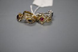 Four assorted modern rings, including 18ct gold sapphire and diamond cluster ring, an 18ct gold,