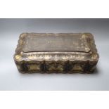 A late 19th century Chinese export glove box, gilded with vignettes, width 31cm