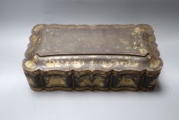 A late 19th century Chinese export glove box, gilded with vignettes, width 31cm