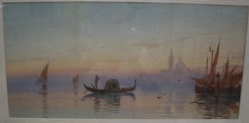 M. Masters, watercolour and gouache, Gondolier with Venice beyond, signed, 23 x 48cm