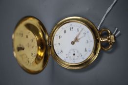 A continental 750 yellow metal hunter keyless pocket watch, with engraved monogram, case diameter