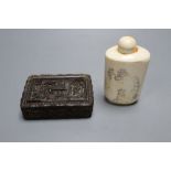 A Chinese bone snuff bottle, engraved with females, 7cm, and Chinese carved tortoiseshell snuff box,