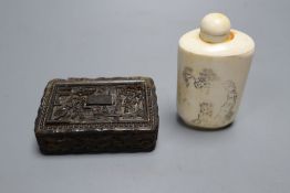 A Chinese bone snuff bottle, engraved with females, 7cm, and Chinese carved tortoiseshell snuff box,