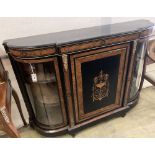 A late Victorian gilt metal mounted ebonised and bird's eye maple credenza, width 148cm, depth 36cm,