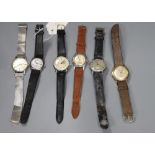 Six assorted gentleman's mainly steel wrist watches including Oris, Favre Leuba and one silver.