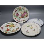 Four Chelsea fruit-painted plates c1755-60, one red anchor, two with brown anchor markCONDITION: The