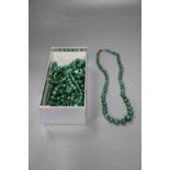 Ten assorted malachite bead necklaces, three with gilt metal spacers, largest 58cm.