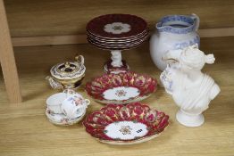 A Victorian part dessert service, a parian bust, a jug, etc.