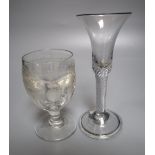 A George III deceptive glass rummer and an airtwist stem wine glass c.1740, height 17cm