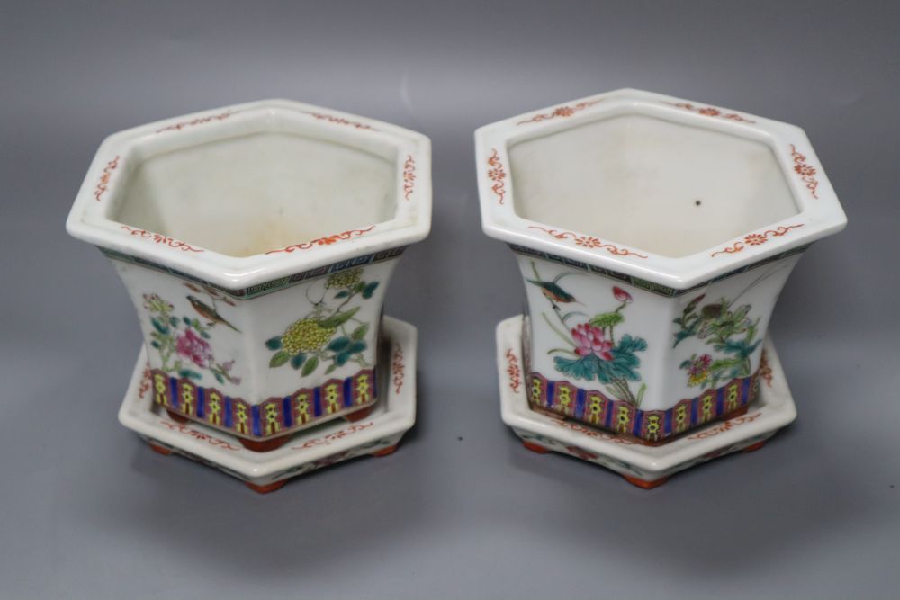 A pair of Chinese famille rose jardinieres and stands, diameter 13cm