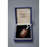 An Edwardian yellow metal and seed pearl mounted hardstone cameo pendant brooch, carved with the