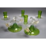 A pair of Murano green glass candelabra, each with twin sconces on clear glass branches, height