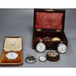 Five assorted pocket watches including military and three silver, a cased Bravington's chronoscope