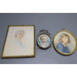 A Victorian oval portrait miniature, signed A H Hunt, height 8cm, and two other Victorian portrait