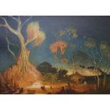 Oil on canvas, South African scene with figures around a camp fire, 59 x 82cm