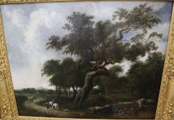 Early 18th century English School, oil on canvas, Landscape with travellers passing woodland, 65 x