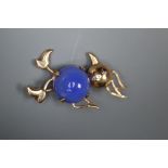 A 1960's 9ct gold and cabochon blue chalcedony? set novelty bird brooch, 34mm, gross 5.2 grams.