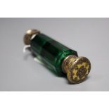 A Victorian gilt white metal mounted green glass double ended scent bottle, unmarked, 11.7cm, with
