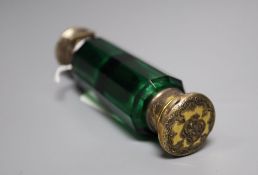 A Victorian gilt white metal mounted green glass double ended scent bottle, unmarked, 11.7cm, with