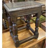 A 17th century oak joint stool (faults), width 43cm, depth 26cm, height 52cm