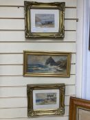 Three watercolours by J C Uren, A rocky coastal scene, boating scene and coastal cottage scene