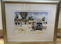 John Yardley (1933-), watercolour, British Troops and landrover beside an Afghan village, signed, 23