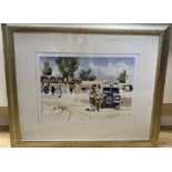 John Yardley (1933-), watercolour, British Troops and landrover beside an Afghan village, signed, 23