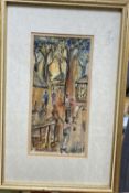 I. Kofi Aige, ink and watercolour, African market scene, signed and dated '86, 23 x 11cm