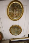 A pair of early 19th century oval needlework pictures, one of a couple, the other of an angler and