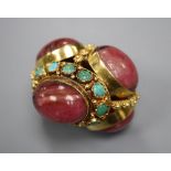 A modern Middle Eastern yellow metal, rhodonite, cultured pearl and turquoise set cluster pendant,