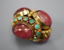 A modern Middle Eastern yellow metal, rhodonite, cultured pearl and turquoise set cluster pendant,