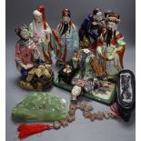 Three Chinese enamelled porcelain figures of immortals, tallest 24cm, three Shiwan type pottery