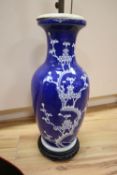 A large Chinese blue and white prunus vase, mounted as a table lamp, drilled base, total height