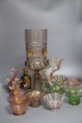 A Bohemian green and gilt glass scent bottle, a large German glass 'chalice' form vase with gilt