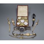 A 14k fob watch, a 9ct wrist watch, a Swiss silver fob watch and other assorted wrist watches.